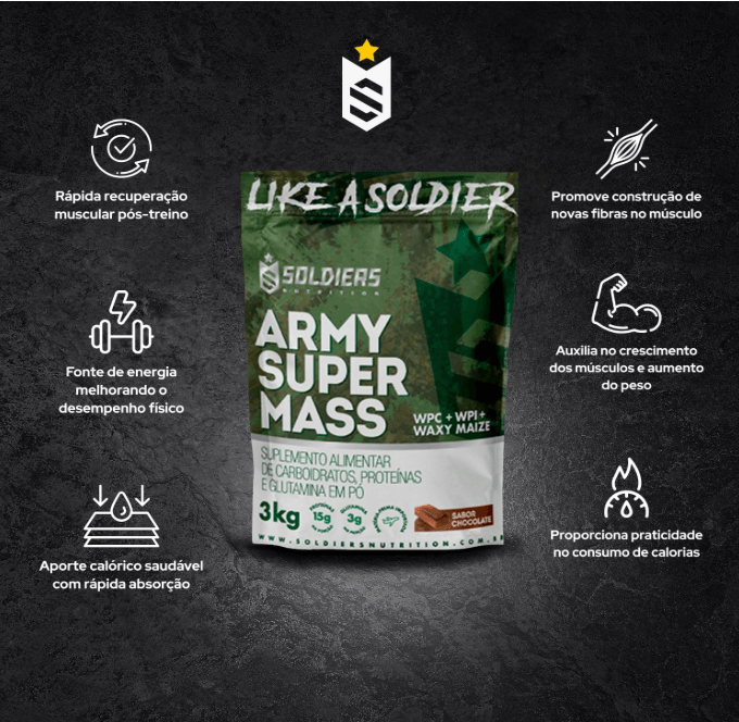 Hipercalórico Army Super Mass 3Kg - 100% Importado - Soldiers Nutrition Chocolate