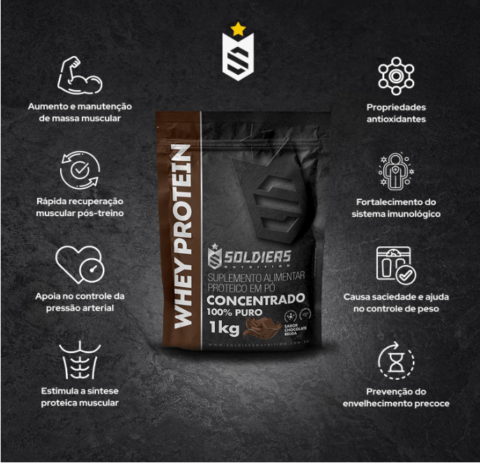 Whey Protein Concentrado 1Kg - Chocolate Belga - 100% Puro Importado - Soldiers Nutrition
