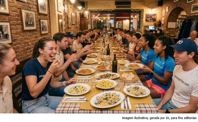O jantar de massas antes da prova não é tradição. É ciência. E a macarronada com os colegas de treino é parte do protocolo