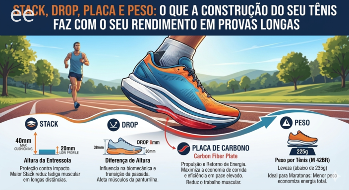 Stack, drop, placa e peso — o que a construção do seu tênis faz com o seu rendimento em provas longas