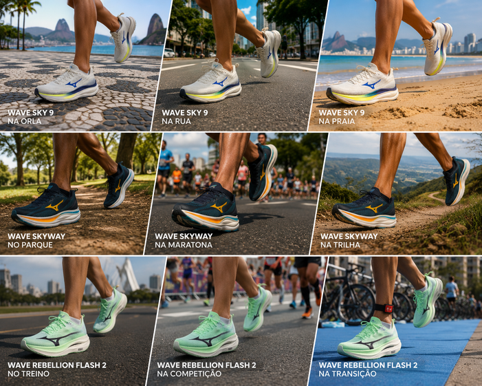 Mizuno Wave Skyway, SKY 9 e Rebellion Pro 3: tênis da mesma marca, corredores completamente diferentes